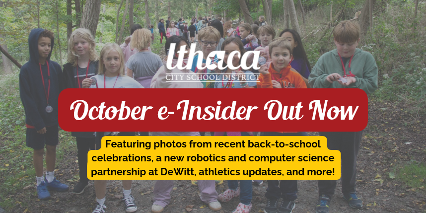 Group of children in a forest. Text reads: October e-Insider Out Now. Features back-to-school celebrations.