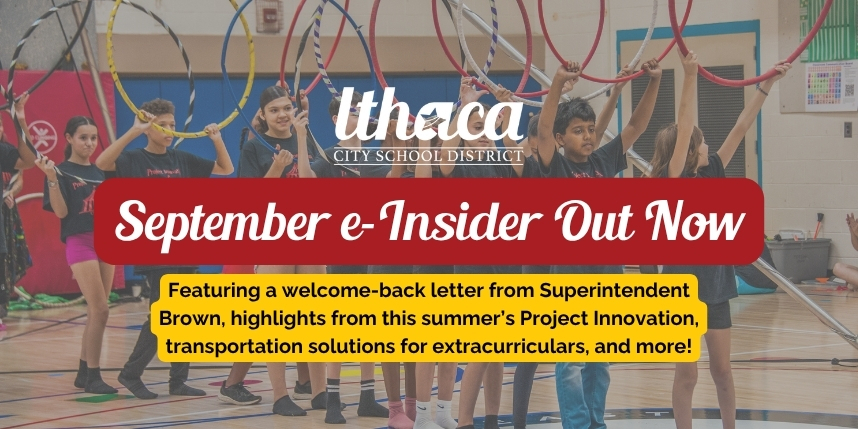 Children in sports gear hold rings, likely in a gym. Red banner reads "September e-Insider Out Now."