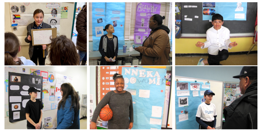 A collage of six photos from the Belle Sherman 5th-grade Human Rights Hero Wax Museum. Photo 1 is a student coming to life as Harvey Milk in front of three other students. Photo 2 is a student coming to life as Eleanore Roosevelt in front of a parent. Photo 3 is a student posing as Gandhi. Photo 4 is a student coming to life as Roy Choi in front of a parent. Photo 5 is a student holding a basketball, posing as Nneka Ogwumike. Photo 6 is a student coming to life as Jackie Robinson in front of a parent.