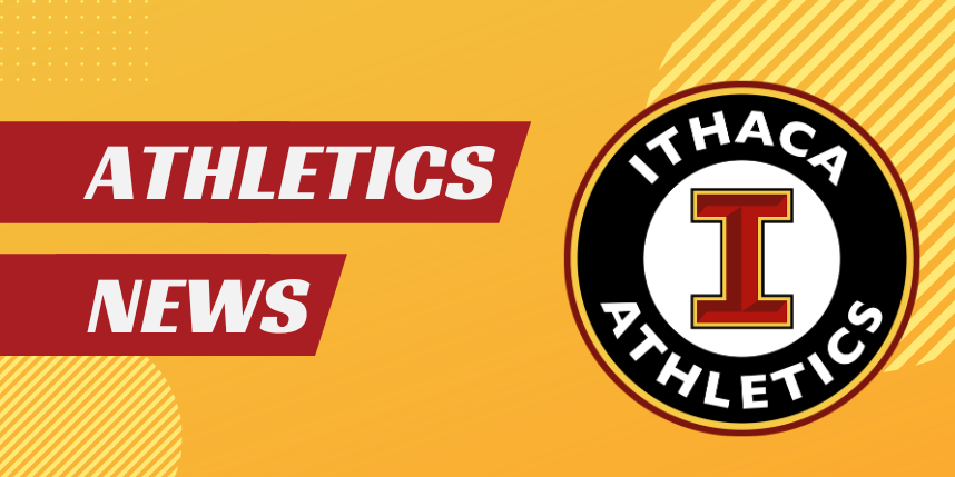 Yellow background with logos for Ithaca Athletics and news section. Logos include red, black, and white colors.