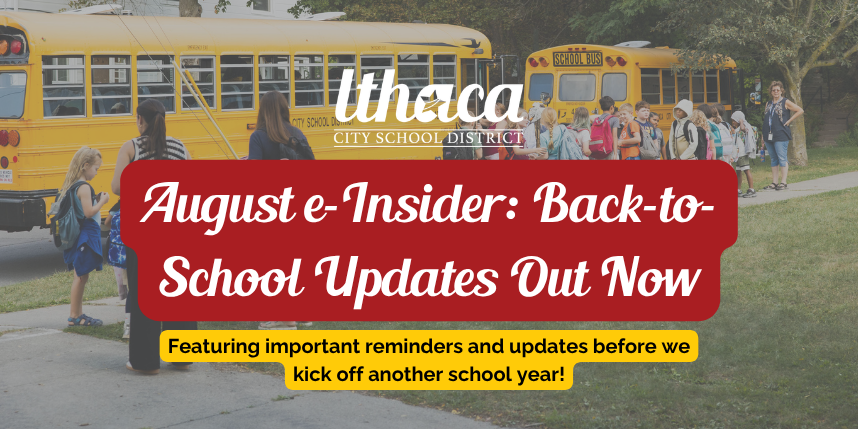 Two yellow school buses on a road. A crowd of students and adults. Text reads "August e-Insider: Back-to-School Updates Out Now".
