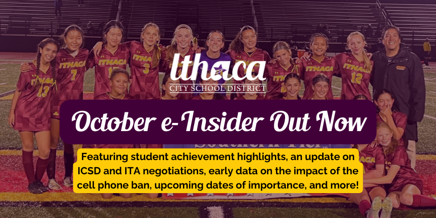 Ithaca High soccer team on field with text promoting the October e-Insider newsletter
