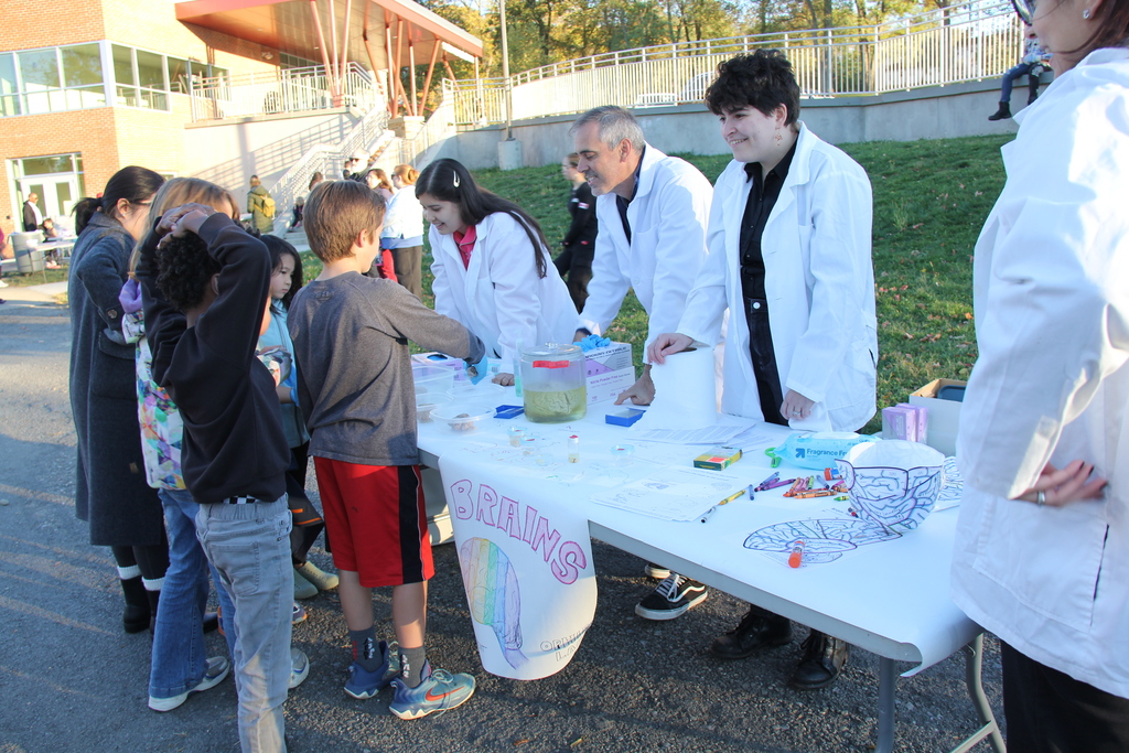 Children gather around an outdoor science table labeled “BRAINS,” where volunteers in white lab coats lead hands-on activities. The table displays colorful brain diagrams and jars with science materials, with a school building in the background.