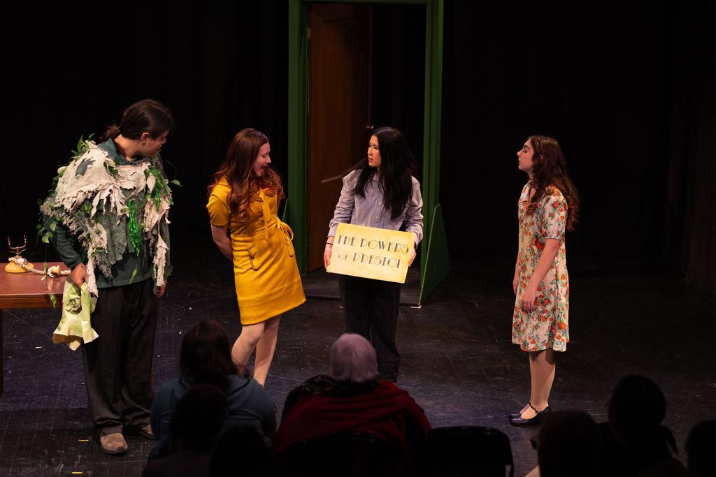 Four performers are arranged onstage in front of an open green doorway. One performer holds a sign reading “THE DOWEDS OF DRESDEN.” Others react with expressive body language, including a masked character in a ragged costume and two performers in dresses. Audience silhouettes are visible at the bottom, emphasizing the live theater setting.