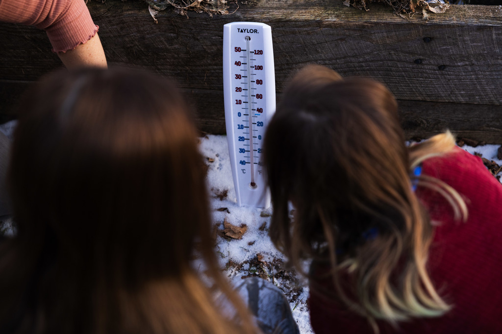 The back of two students heads observing the temperature outside on thermometer. 
