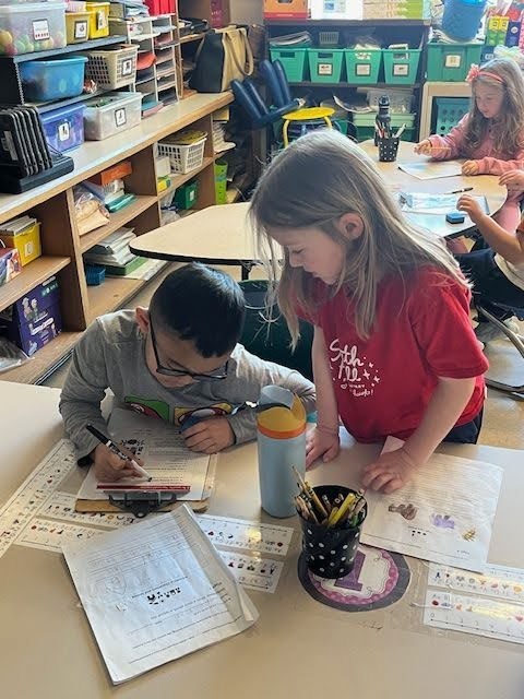 South Hill students peer reviewing their personal narratives with writing buddies. 