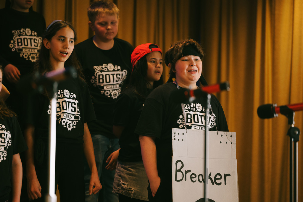 Cayuga Heights fifth graders on stage performing in the musical BOTS!