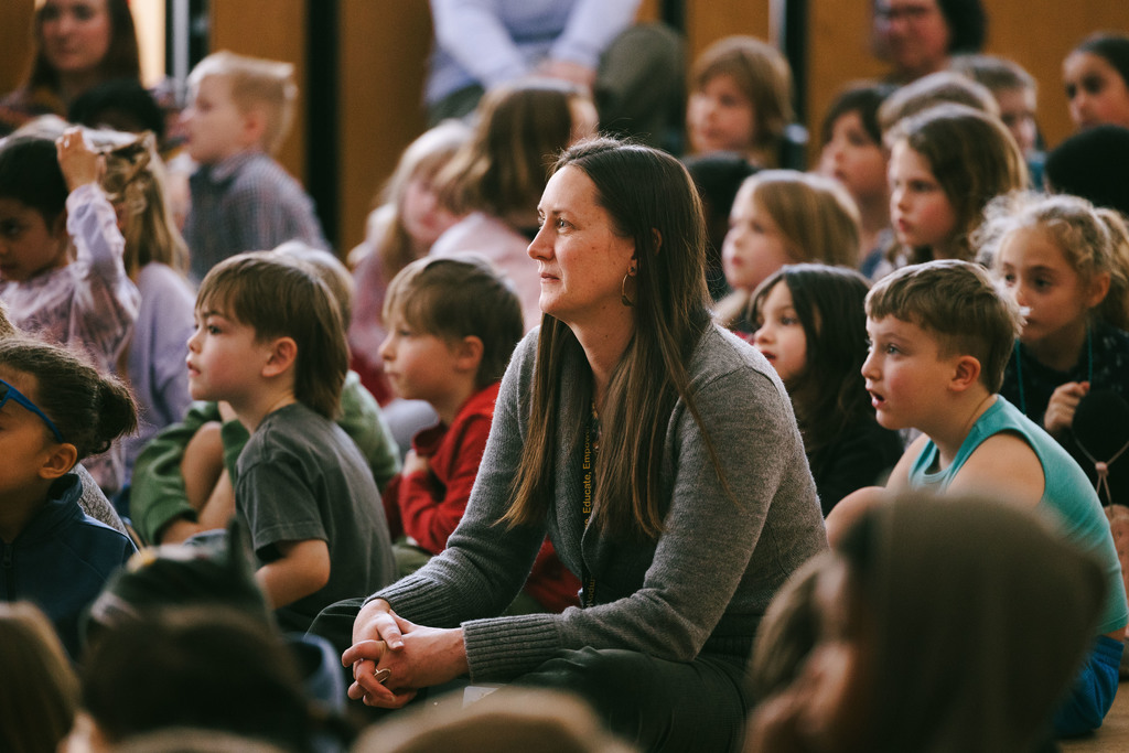 Cayuga Heights fifth graders on stage performing in the musical BOTS!