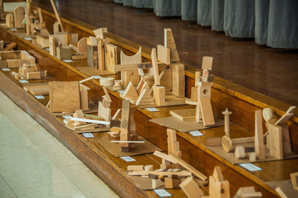 A row of wooden geometric shapes arranged on a wooden surface with a gray curtain in the background.