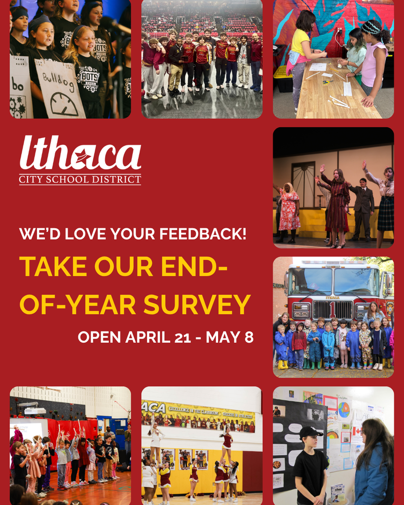 A collage of photos shows students engaged in activities. Text reads "We'd love your feedback! Take our end-of-year survey Open April 21 - May 8."