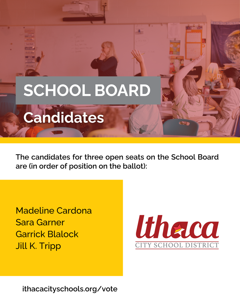 A bulletin board displays "School Board Candidates" and lists Madeline Cardona, Sara Garner, and Garrick Blalock.