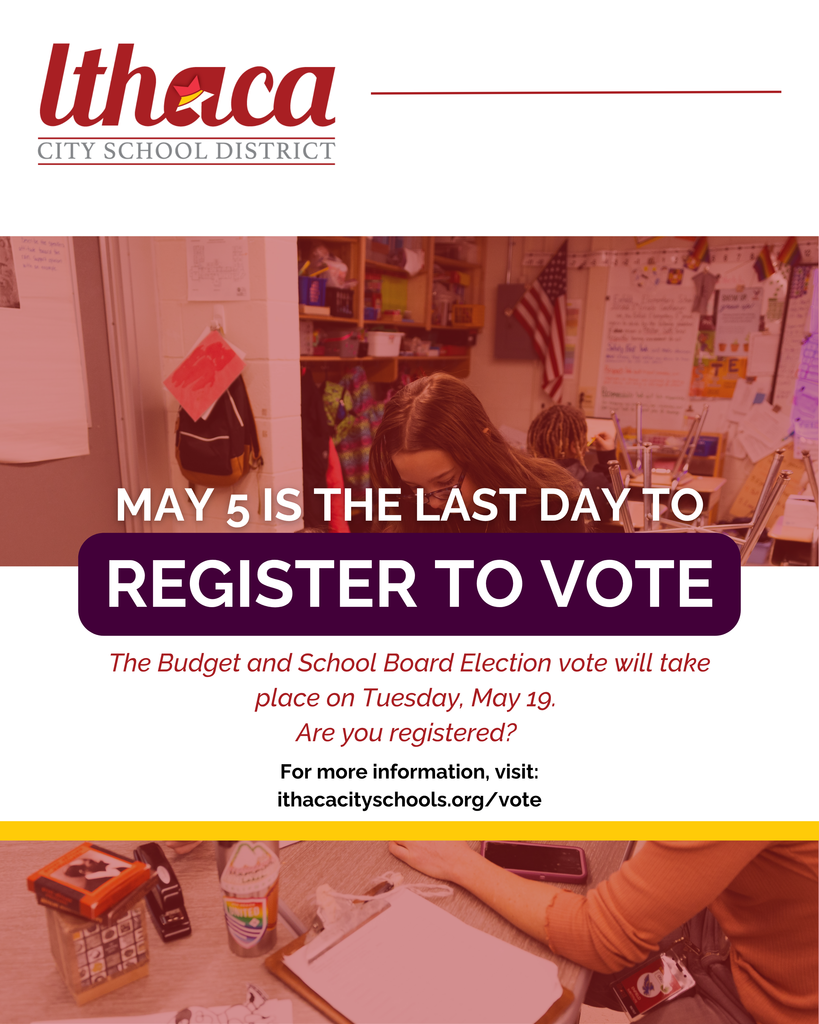 Text and images promoting registration for the Budget and School Board Election vote. A person studies at a desk.