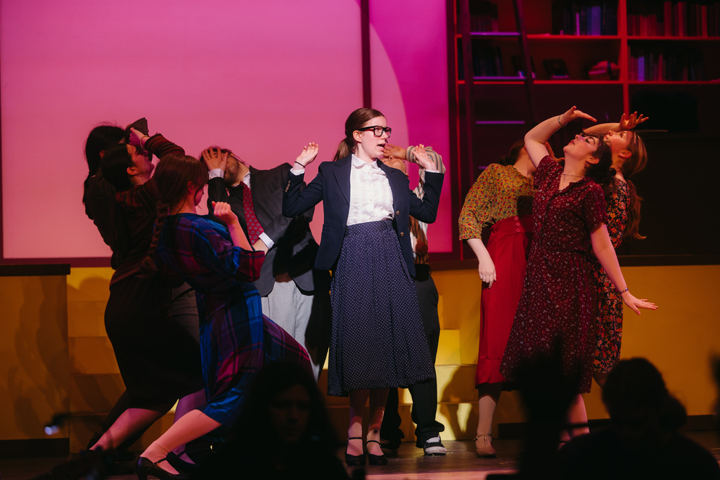 Performers on a stage with a pink backdrop, wearing various costumes, one person in a dark suit and glasses.
