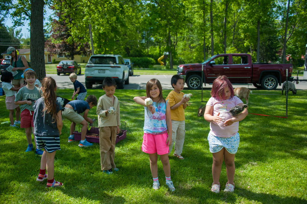 Kids in a park with green grass, trees, and cars in the background, some holding balls.