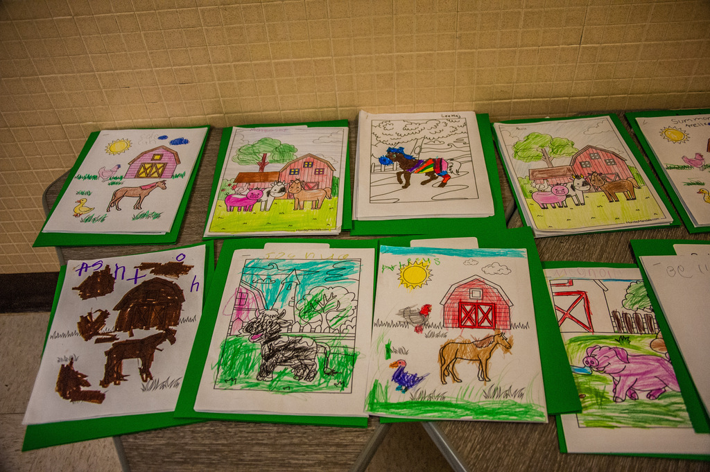 Colorful drawings of animals and farm scenes on white papers with green borders, displayed on a table.