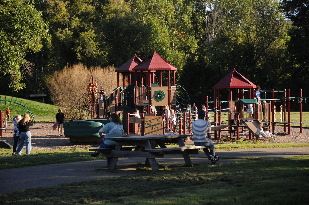 Children playing on a playground with two red towers. Some sitting on benches. Trees and grass in the background.