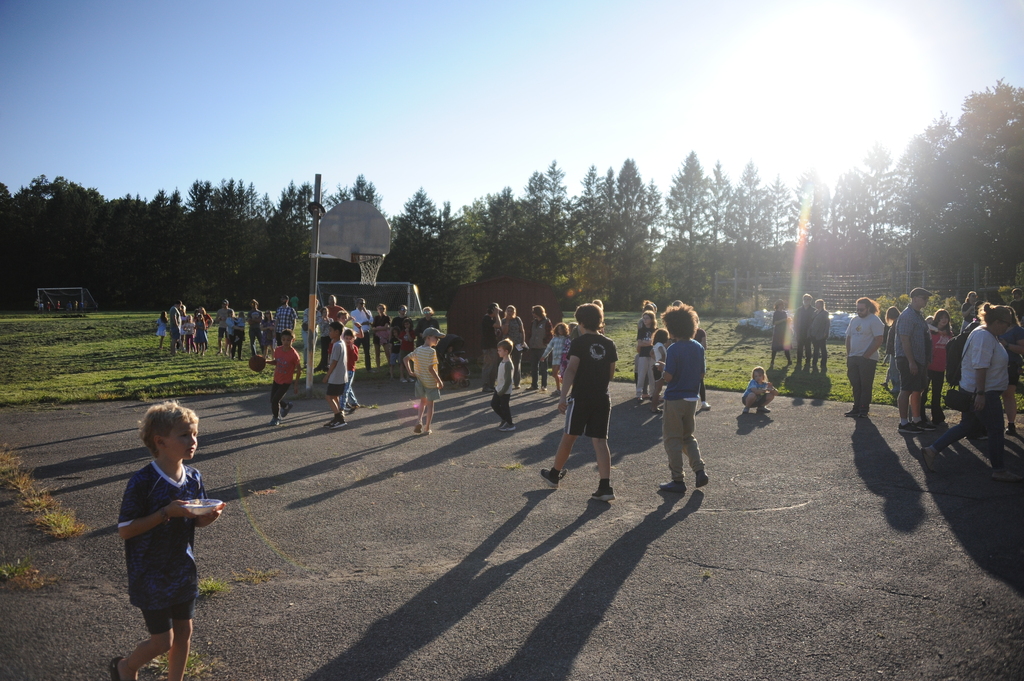Crowd of people outdoors near a basketball court and a green field with trees under a bright sun.
