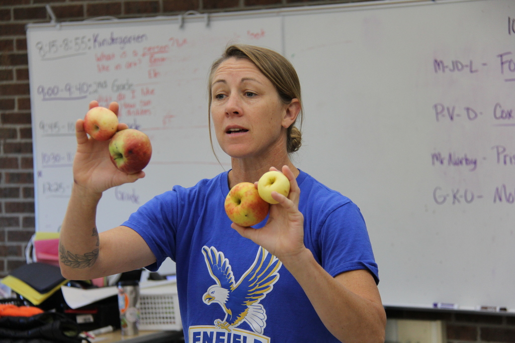 Woman in blue shirt holding two apples, standing in front of whiteboard with notes, near brick wall.