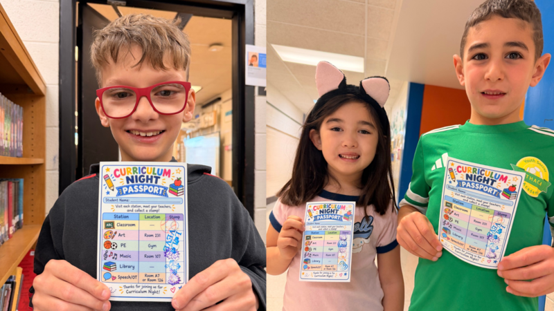 Three students pose holding up the curriculum night passports