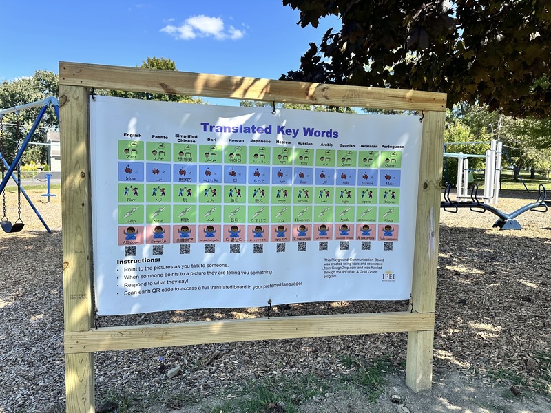 Translations on a playground communication board at Northeast Elementary School