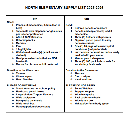 5th and 6th grade supply lists
