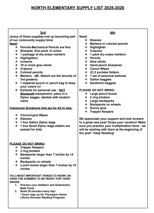 3rd and 4th grade supply lists