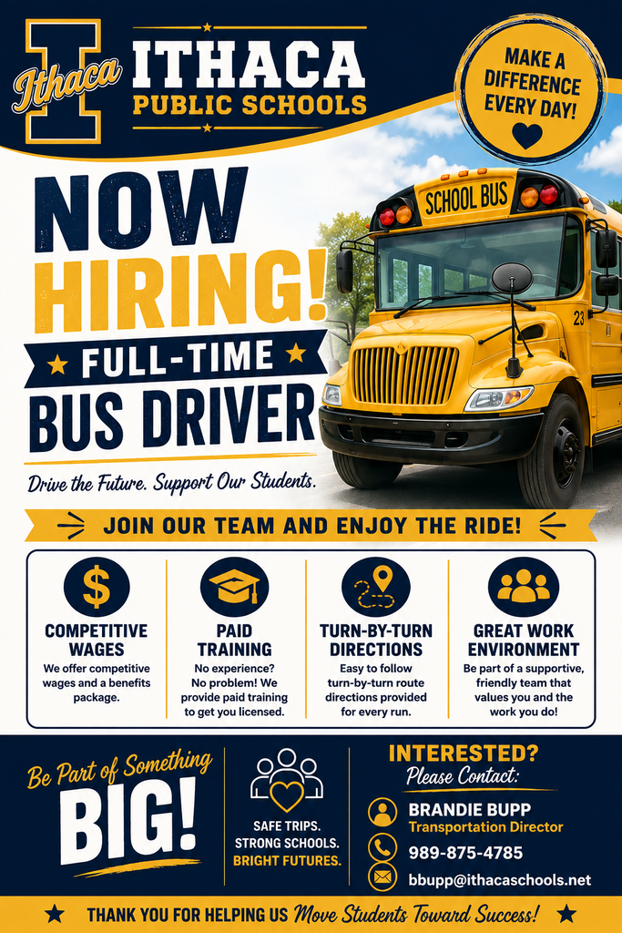 Ithaca Public Schools flyer notification contains information for the hiring of bus drivers. 