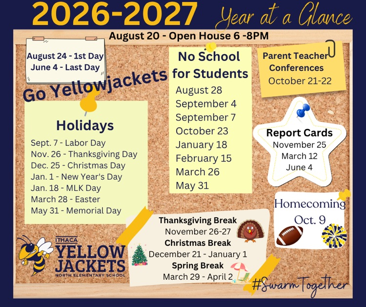 26-27 School year calendar at a glance, quick view of holiday breaks, and days off, and more.