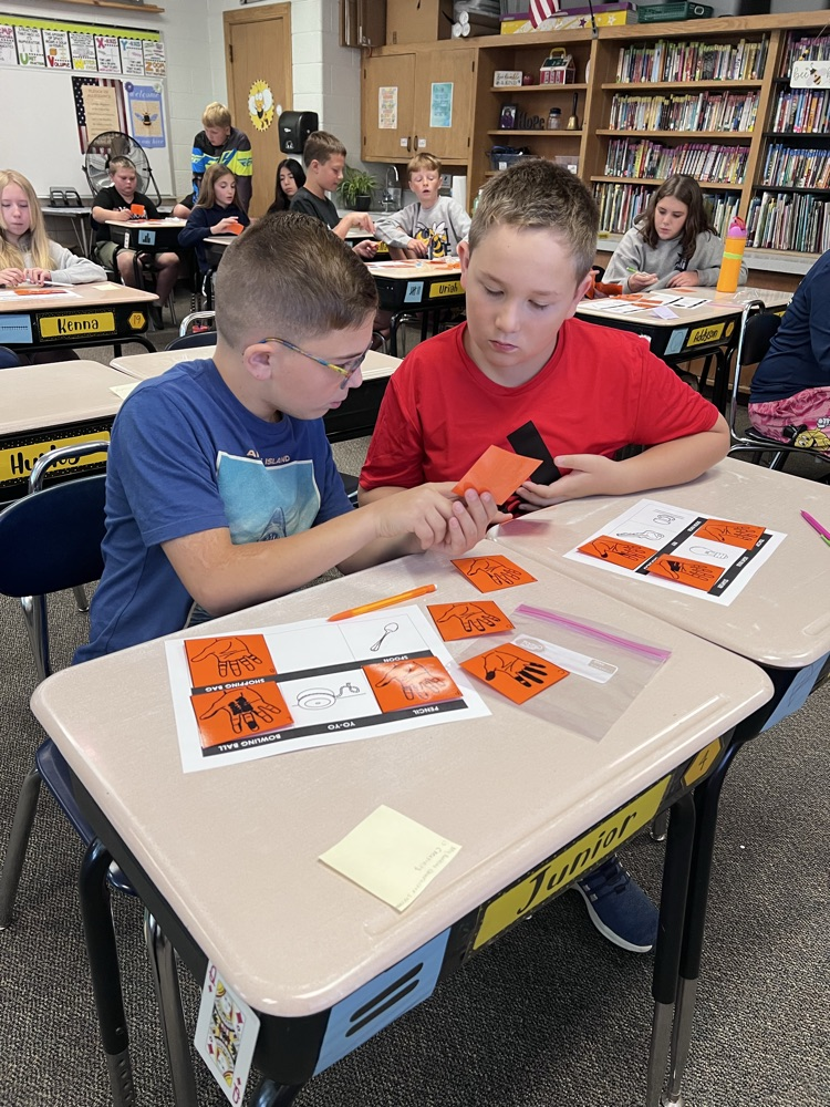 Sixth-grade students at a classroom desk examine inked handprints on paper and compare them to a light bulb, a doorknob, and a pencil.