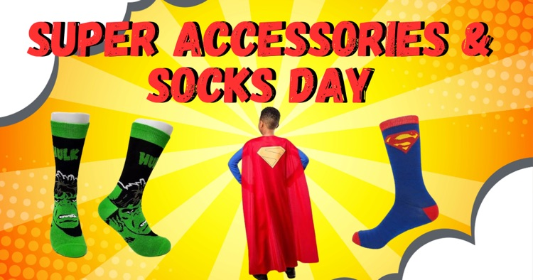 a post with a picture of superhero socks and a boy wearing a cape to help describe what to wear for the homecoming dress up day