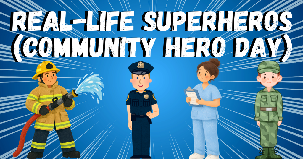 community superheroes shown: firefighter, police officer, nurse,military