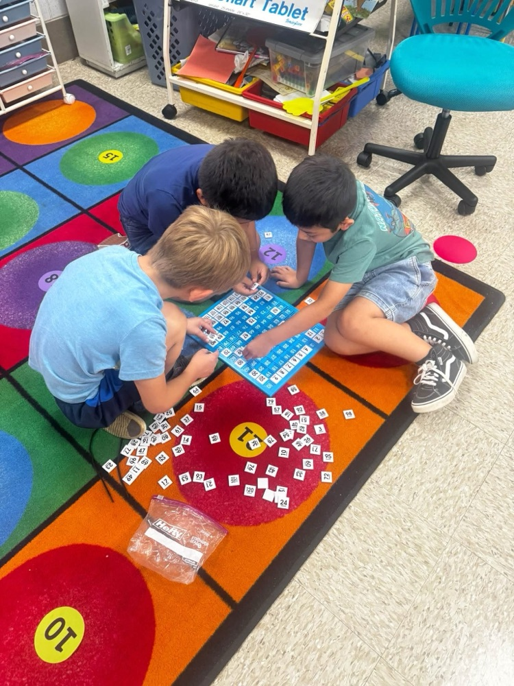 students working together on the rug to solve a puzzle