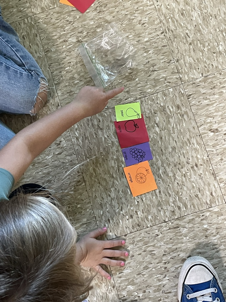 students pointing at pictures of fruit.