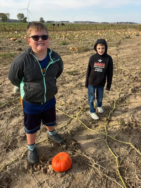 Students standing in a field with pumpkins near them.