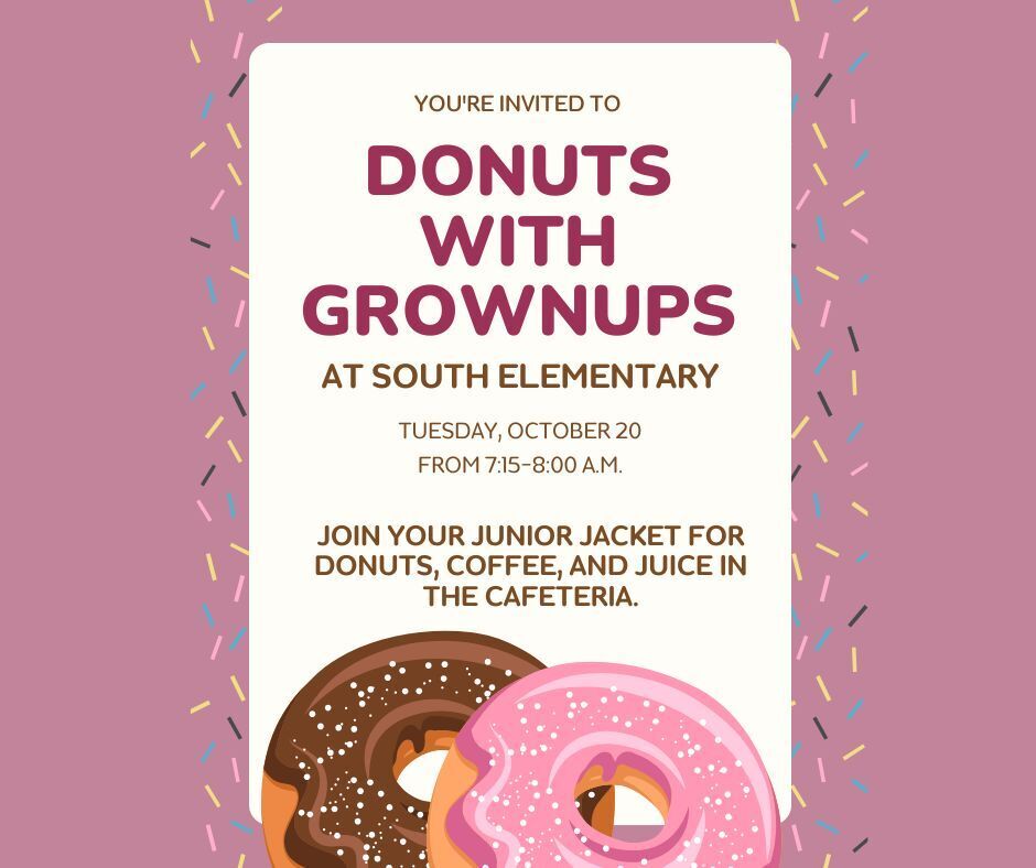 Donuts with grownups event poster for Tuesday, October 20th from 7:15 to 8:00 a.m.