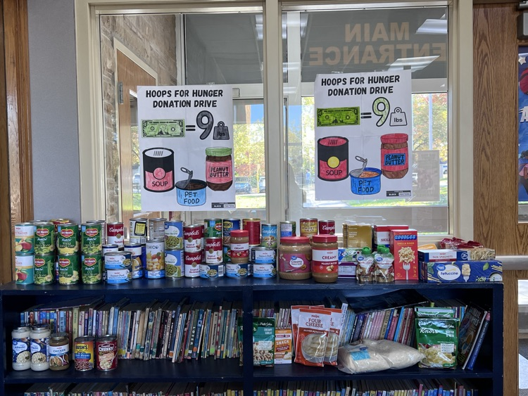 Hoops for Hunger food donation spot by main office at North Elementary