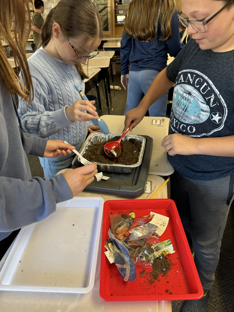 students working on removing trash from the dirt