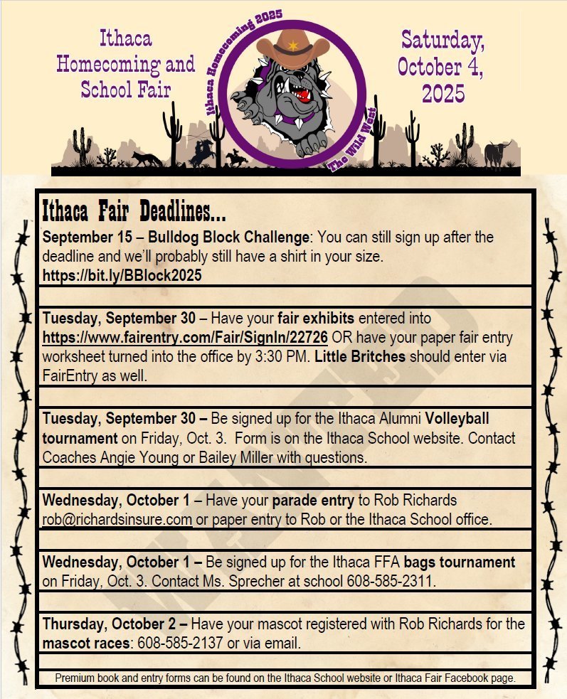103rd Ithaca School Fair and Homecoming deadlines