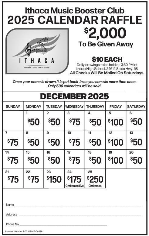 Ithaca Music Boosters Calendar raffle fundraiser example 2025