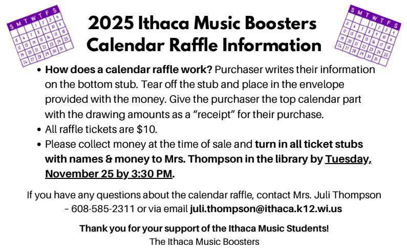 Ithaca Music Boosters Calendar raffle fundraiser 2025