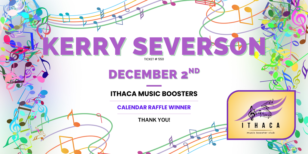 Ithaca Music Booster Club calendar raffle winner December 2nd 2025
