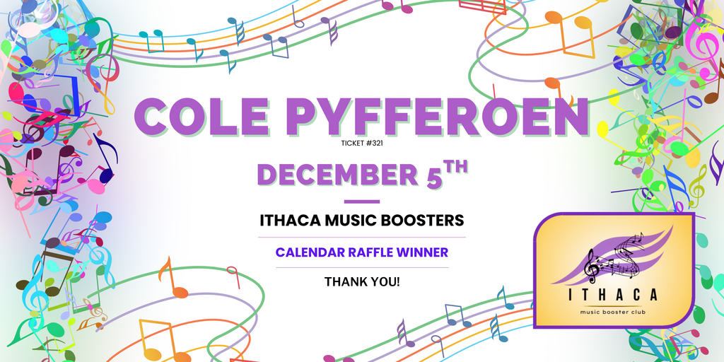 Ithaca Music Booster Club calendar raffle Dec 5th 2025