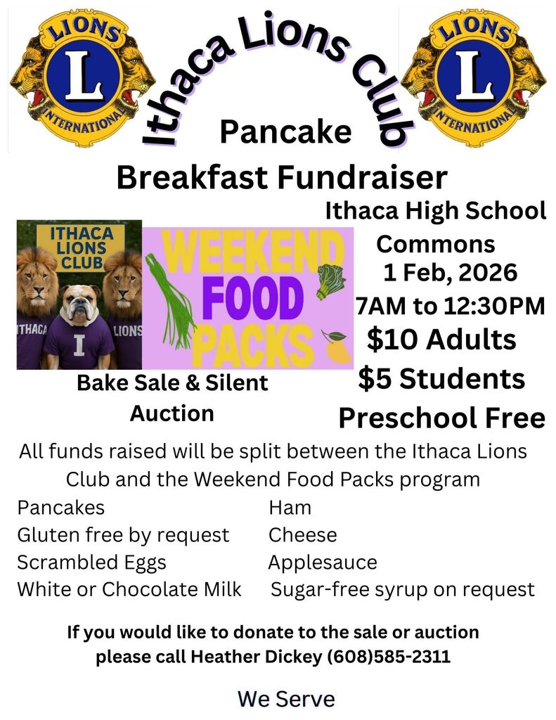 Ithaca Lions Club pancake breakfast February 1, 2026