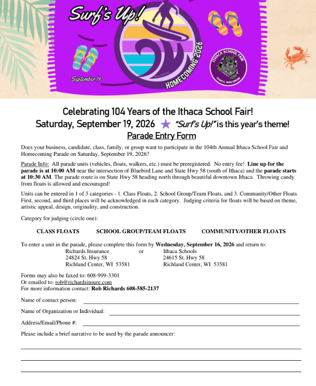 2026 Homecoming and 104th Ithaca School Fair parade form