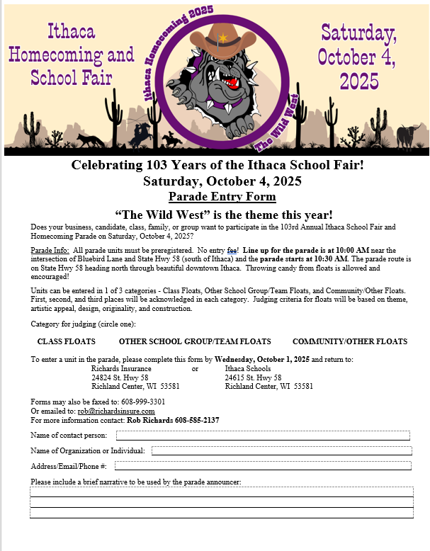 Ithaca Homecoming and School Fair Parade form 2025