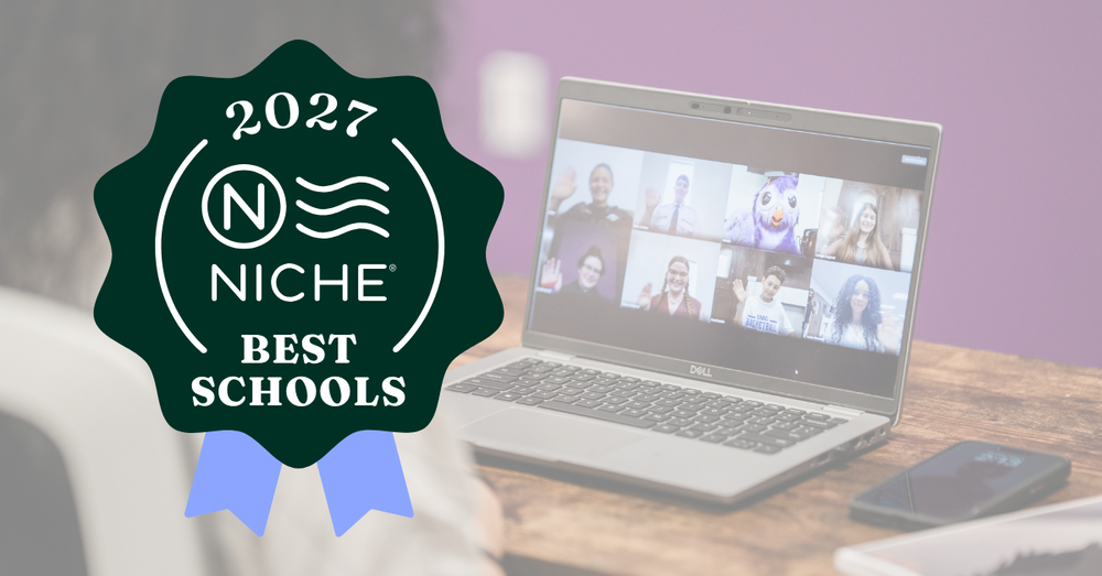 2027 Niche Best Schools icon over a photo of a laptop with students and staff in a meeting