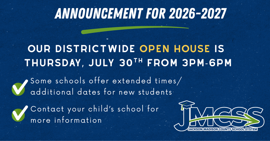 Districtwide Open House is Thursday, July 30 from 3–6 PM. Families can meet teachers, explore classrooms, and get ready for the 2026–2027 school year.  Some schools will offer extended times or additional dates for new students. Contact your child’s school for details.  We look forward to welcoming you