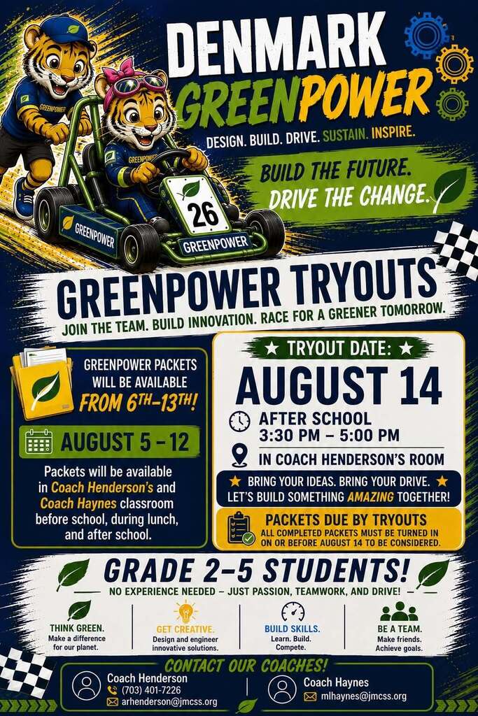 Image showing dates for Denmark Elementary Greenpower Tryouts.