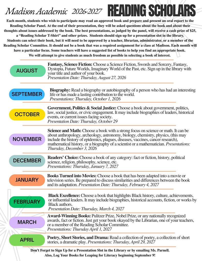 Reading Scholar Monthly Calendar