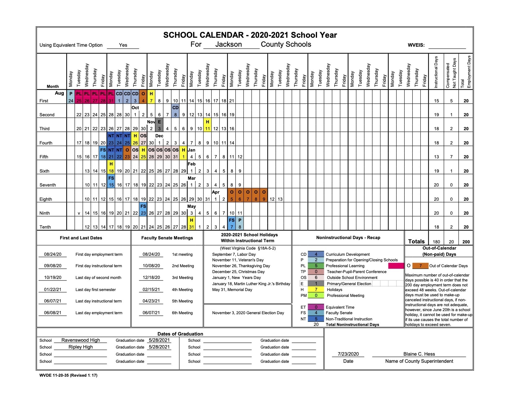 REVISED SCHOOL CALENDAR APPROVED (July 23,2020) | Gilmore